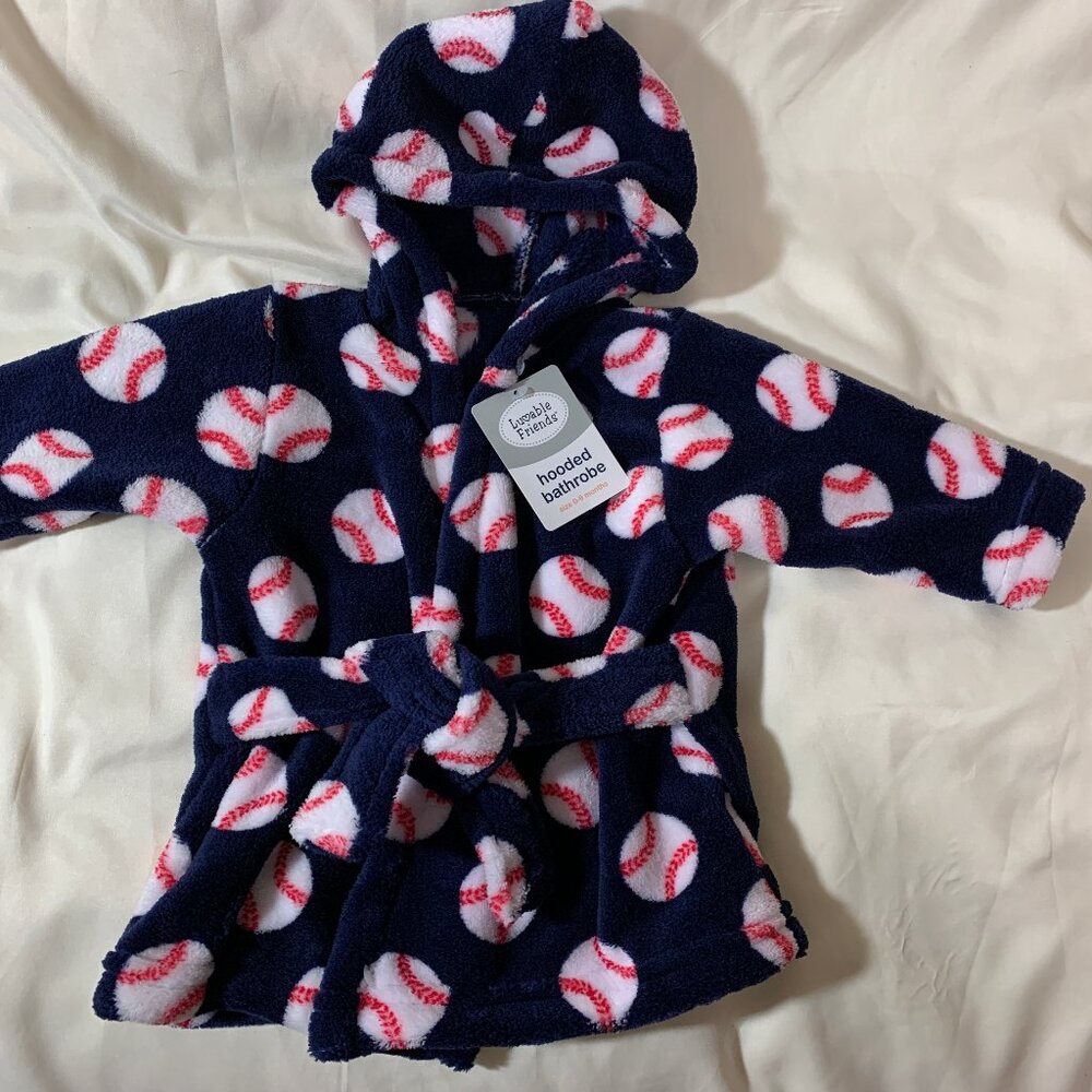 NEW Luveable Friends Baseball Infant Boy's Hooded Bathrobe. Size 0-9 Months